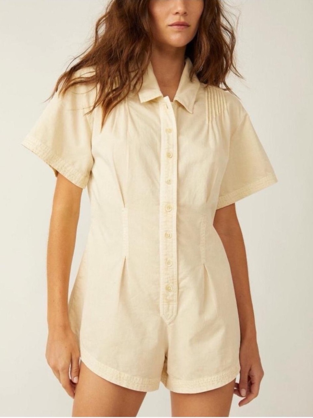 Free People Cream Short-Sleeve Button Romper
